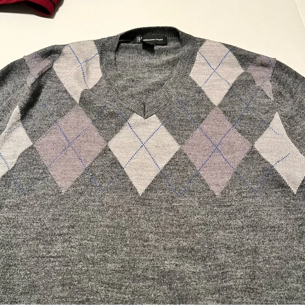 INC International Concepts Mens Small Grey Gray Purple Argyle Wool Blend Sweater